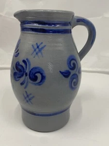 Vintage 7 3/4” Blue & Gray Salt-glazed 1 Liter Studio Made Jug Pitcher - Picture 1 of 16