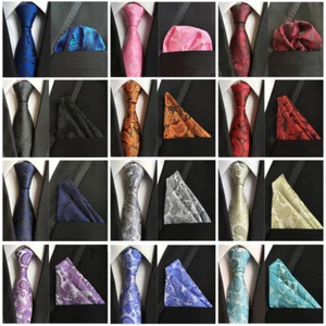 Men Paisley Flower Jacquard Tie Hanky Necktie Pocket Square Handkerchief Set  - Picture 1 of 13