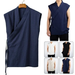 Canotta uomo estiva cotone lino canotta smanicata top camicia stile cinese Hanfu M-4XL - Foto 1 di 25