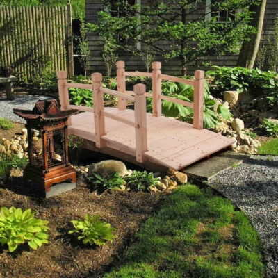 5 ft (59 in) Wooden Garden Bridge / Garden Stream Yard Walkway w/ Double Rails - Image 1 of 4