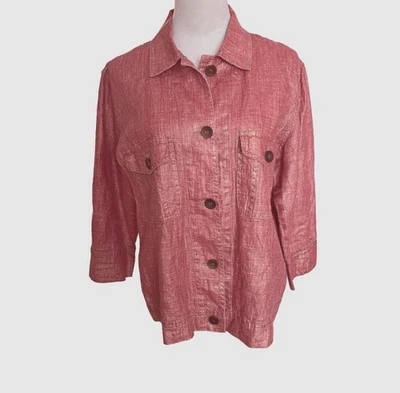 Chaqueta de Lino Chico’s Coral y Bolsillos Metálicos Manga 3/4 Abotonada Grande Foto 1 de 4