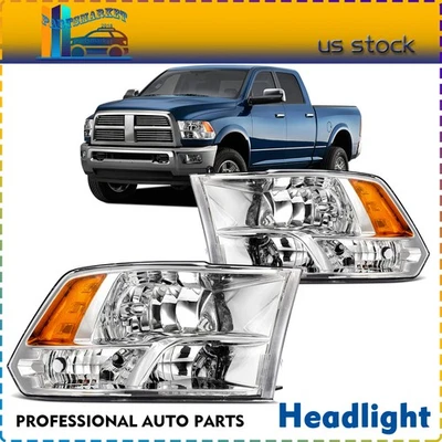Headlights For 2010-2018 Dodge Ram 1500 2500 3500 Quad Chrome Housing Amber Lamp - Image 1 of 4