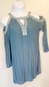 Vestido Time & Tru Bordado Teal Desteñido Arrugado Hombro Frío 14 Boho - Imagen 1 de 6