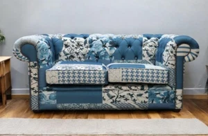 New Chesterfield Patchwork 2 Seater Sofa Settee Charles Blue - Picture 1 of 3