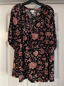 AVA & VIV Size 2X Bohemian Black/Orange/Red Pullover Short Puff Sleeve Blouse - Picture 1 of 8