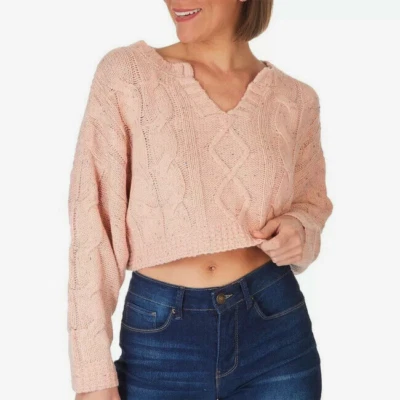 NUEVO Suéter Doble Cero L Para Mujer Rosa Mancha Cable Recortado Cuello en V Gran Tamaño Foto 1 de 4