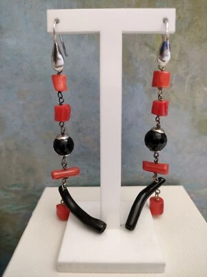 Orecchini Pendenti Donna Argento 925 pietre naturali Corallo e perla coltivata  - Immagine 1 di 4