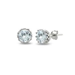 Sterling Silver Simulated Aquamarine Crown Stud Earrings - Picture 1 of 3