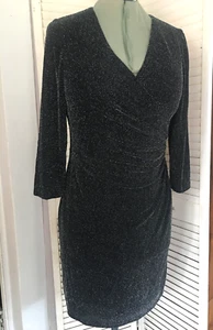 Chaps 12P Black Silver Metallic Stretch Faux Wrap Dress Fully Lined 3/4 Sleeves - Picture 1 of 11