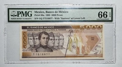 墨西哥,墨西哥银行 P#88a 1985 5000 Pesos Santana 左下 PMG GemUNC66EPQ — 第 1/2 张图片