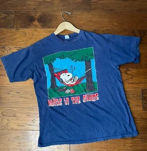 Vintage Peanuts Snoopy MADE IN THE SHADE Blue T Shirt 50’s Size Large (HOLE) - Picture 1 of 7
