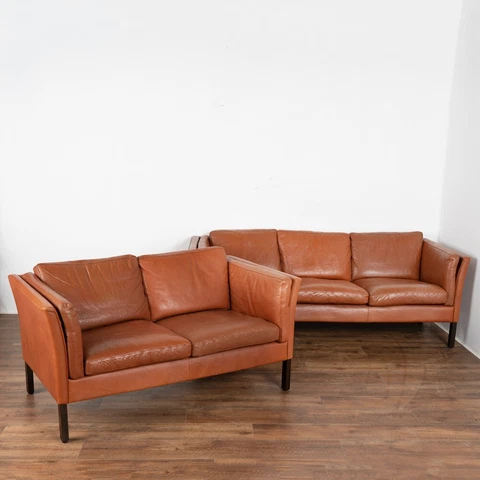 Mid Century Vintage Brown Leather Set, 3-Seat Sofa and 2-Seat Loveseat 1970's Cover
