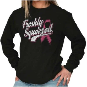Freshly Squeezed Breast Cancer Awareness Pun Long Sleeve T Shirt Tees For Women - Picture 1 of 9