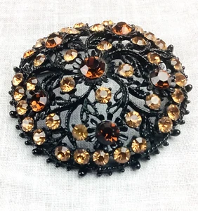 Broche redondo vintage japonés filigrana negra topacio color ámbar estrás prendedor 2” - Imagen 1 de 5