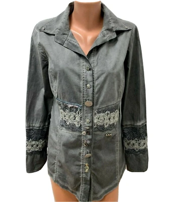 BOTTEGA ELISA CAVALETTI size L / XL Blouse Tunic Top Shirt Grey Lace Embellished - Image 1 of 4