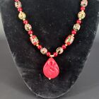 Collier perles cloisonne florale rouge avec beau pendentif cygne faux cinabre 16"