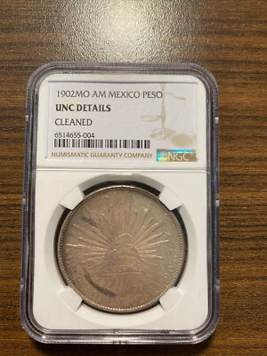 1902 MO AM Mexico Mexican Un Peso NGC Genuine UNCIRCULATED Details Cleaned  - Image 1 of 2