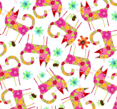 GATOS DE JARDIM ~ GATINHO estampado com flores e abelhas ~ Terry Runyan para Benartex - Imagem 1 de 2