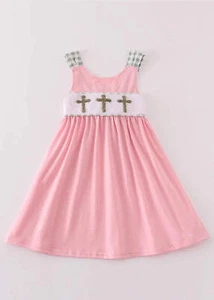Girl's Boutique Pink Easter Cross French Knot Girl Embroidered Embroidery Dress - Picture 1 of 9