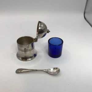 Angora Silver A.I. Hinged Salt, Sugar, Mustard Pot W Spoon And Cobalt blue liner - Picture 1 of 10