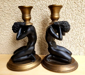 Pair Male Statue Sculpture Candlestick Holders or Bookends in Black in Faberge S - Picture 1 of 13