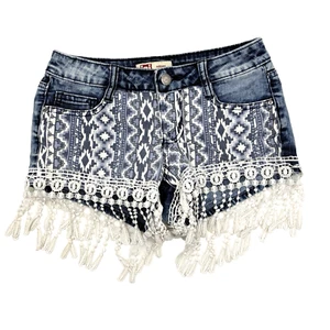 l.e.i Ashley Lowrise Acid Wash Geometric Tassel Fringe Denim Shorts 1R 24x2.5" - Picture 1 of 10