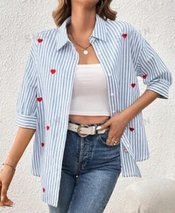 SHEIN Women's Button Front Shirt  With Embroidered Hearts Size L - Picture 1 of 3