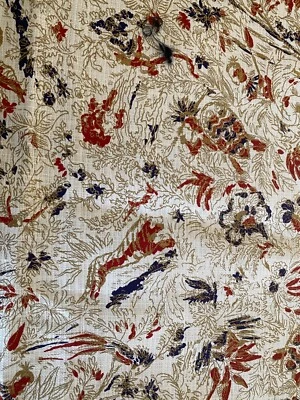 VINTAGE 1960s-1970's Fabric White Linen Screen Print Gold Red Blue Flower Animal - Image 1 of 4
