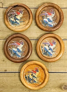 5 Vintage Holz Untersetzer Vögel und Blumen Design handbemalt 3,5" - Bild 1 von 8