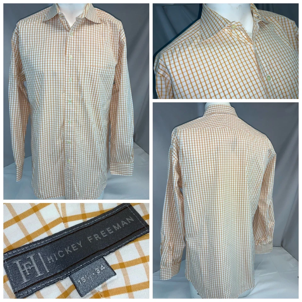 Hickey Freeman 正装衬衫 15.5 34 白色橙色格子棉加拿大 YGI F1-347 — 第 1/4 张图片