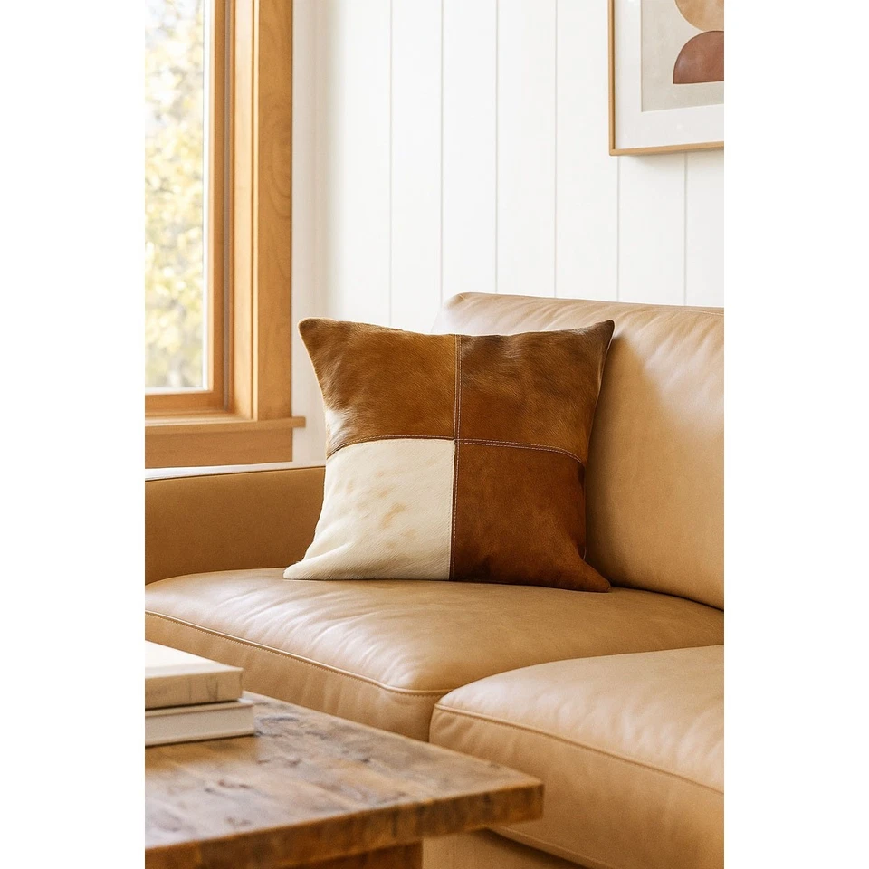 Funda de cojín de cuero de vaca - Almohada de piel de retazos naturales Foto 1 de 4