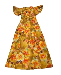 Maxi abito donna vintage Pennys Hawaii ibisco medio floreale tropicale increspato - Foto 1 di 16