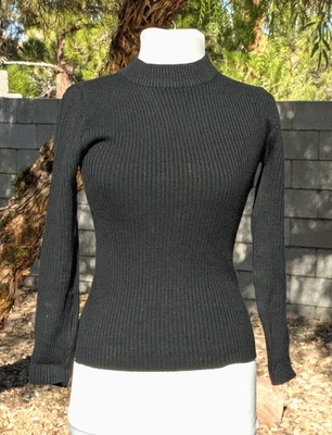 VTG 1970's Acrylic Classic Black Womens Med Ribbed Stretch L/S Pullover Top EUC - Image 1 of 4