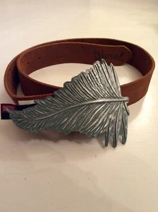 DIESEL TAN BROWN LEATHER WITH PEWTER LEAF STUD FASTEN BELT SIZE 34” - Picture 1 of 2