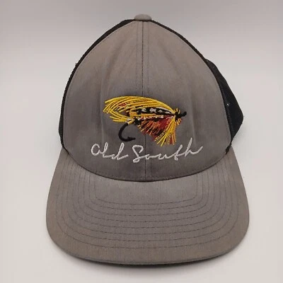 Old South Fly Fishing Hat Cap Snapback Gris Blanco Escritura Negro Malla Amarillo Señuelo Foto 1 de 4