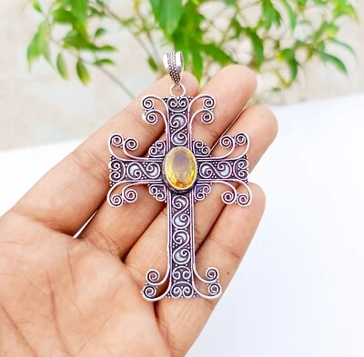Yellow Citrine Cross Pendant 925 Sterling Silver Handmade Gemstone Jewelry 3.18" - Image 1 of 4