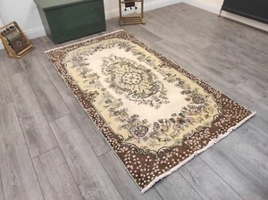 Alfombra turca beige, alfombra hecha a mano, alfombra de lana, alfombra vintage, alfombra de dormitorio 3,9 x 6,9 pies - Imagen 1 de 10