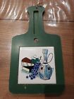 Vintage 70s Cheeseboard Tiled Original Green Wine Flask Grapes plywood gc