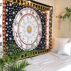 Indian Zodiac Mandala Tapestry Wall Hanging Room Decor Twin Cotton Bedspread - Picture 1 of 9