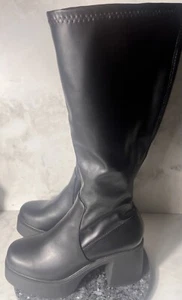 Sz 10 Soda Black Faux Leather Chunky Platform Knee High Boots Pull On Half Zip - Picture 1 of 14