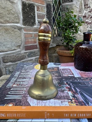 Small Brass Bell With Wooden Handle Vintage School Table Church Bell Nice Patina - Image 1 of 4