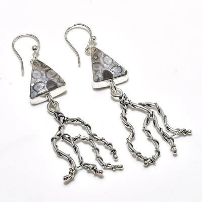 Pendiente de joyería de plata de ley 925 hecho a mano con piedras preciosas de coral fósil 3,66" e013 Foto 1 de 2