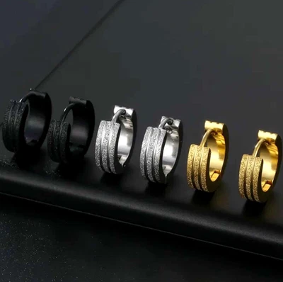Pendientes de aro hipoalergénicos de titanio negro/oro/plateado circonita cúbica/esmerilados para hombres y mujeres Foto 1 de 4