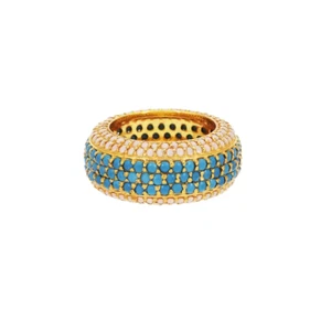 14k Gold Plated Pearl & Turquoise Band Ring 925 Sterling Silver Minimalist Ring - Picture 1 of 12
