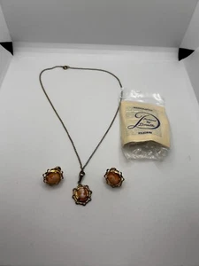 Vintage Dixelle Cameo Orange Gold Tone Sterling Filigree Necklace and Earrings - Picture 1 of 7