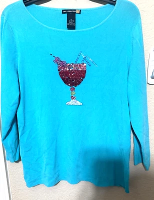 Винтажный свитер работает верхний бисером блестками бирюзовый синий вязаный коктейль мартини - Изображение 1 из 4