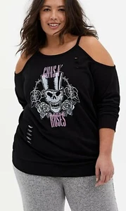 NUEVO CON ETIQUETAS Torrid Plus Talla 5 5X 28 GUNS N' ROSES SUDADERA HOMBRO FRÍO RIZO NEGRO - Imagen 1 de 6
