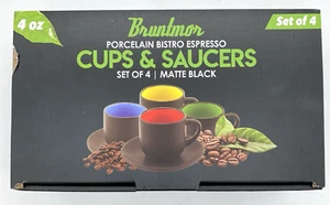 4er Set Bruntmor Porzellan Espressotassen & Untertassen Mattschwarz 4 Unzen Neu im Karton - Bild 1 von 6