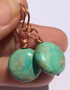 Blue-Green Turquoise Coins w Golden Splashes, PURE COPPER Earrings Handcrafted