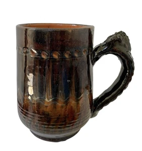 Antique Redware Mug Tankard Figural Handle Brown Feathered Glaze - Picture 1 of 8